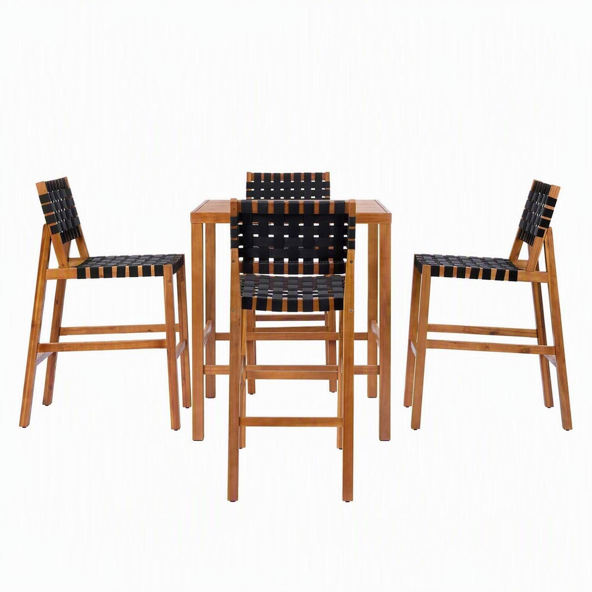 Front. RYHNUYNE - 30.5" Seat Height 5‑Piece Wood Patio Bar Set,Teak Finish Frame with Black PE Woven Rope,Comfortable Seating - Teak+ Black.