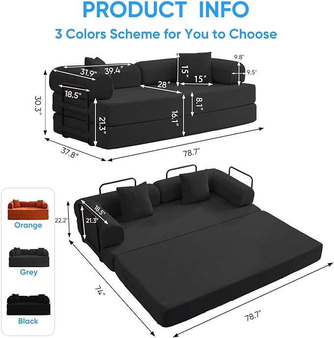 **PRODUCT INFO**

3 Colors Scheme for You to Choose

- Orange
- Grey
- Black

**Dimensions:**

- Length: 78.7"
- Width: 30.3"
- Height: 31.9"
- Seat Height: 18.5"
- Seat Depth: 21.3"
- Armrest Height: 15"
- Armrest Width: 8.1"
- Back Height: 28"
- Back Width: 39.4"
- Cushion Height: 16.1"
- Cushion Width: 22.2"
- Cushion Depth: 18.5"
- Cushion Width: 21.3"
- Cushion Height: 9.8"
- Cushion Depth: 9.5"
- Cushion Width: 15"
- Cushion Height: 15"
- Cushion Width: 8.1"
- Cushion Depth: 16.1"
- Cushion Width: 78.7"
- Cushion Height: 9.8"
- Cushion Depth: 9.5"
- Cushion Width: 15"
- Cushion Height