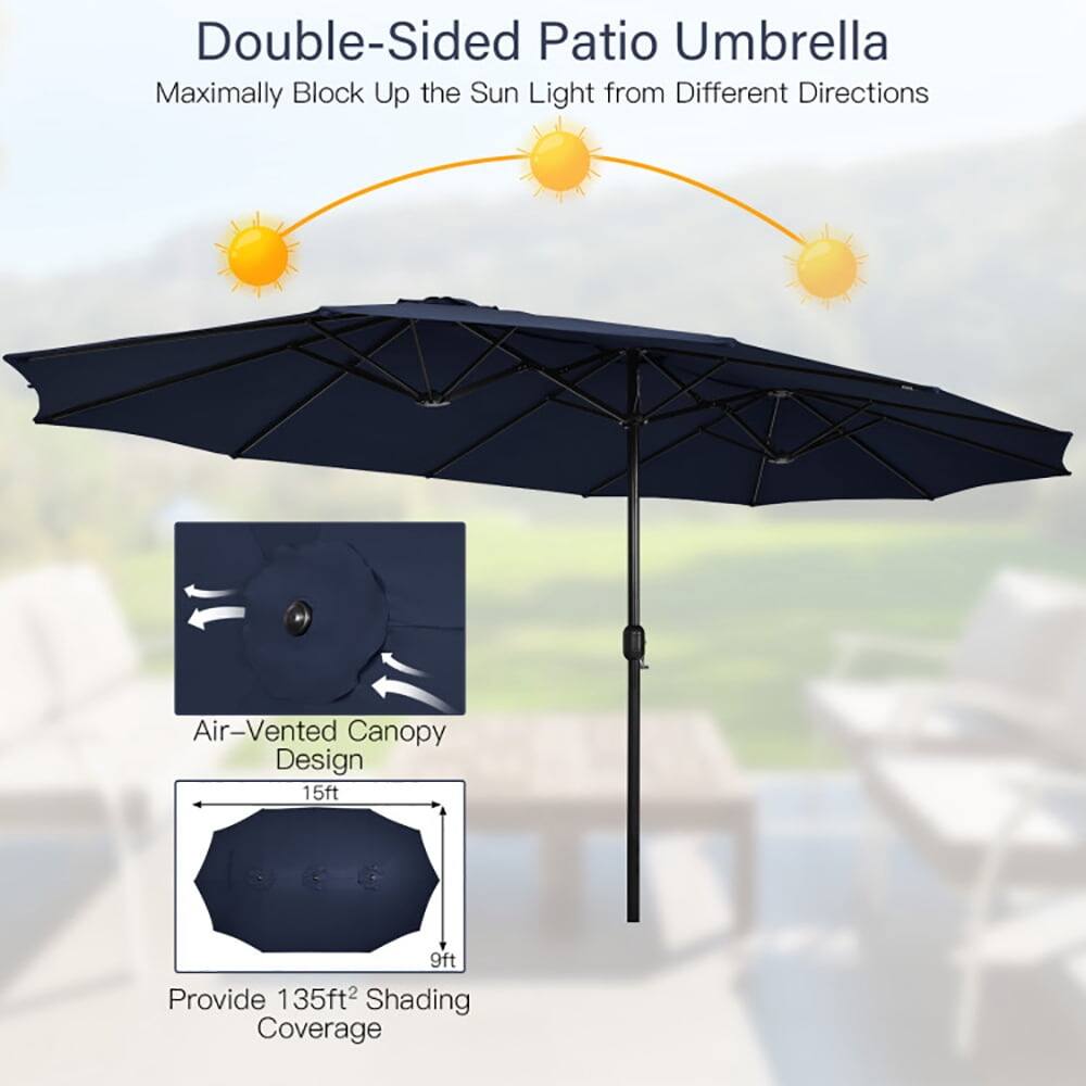Double-Sided Patio Umbrella  
Maximally Block Up the Sun Light from Different Directions  
Air-Vented Canopy Design  
15ft x 9ft  
Provide 135ft² Shading Coverage