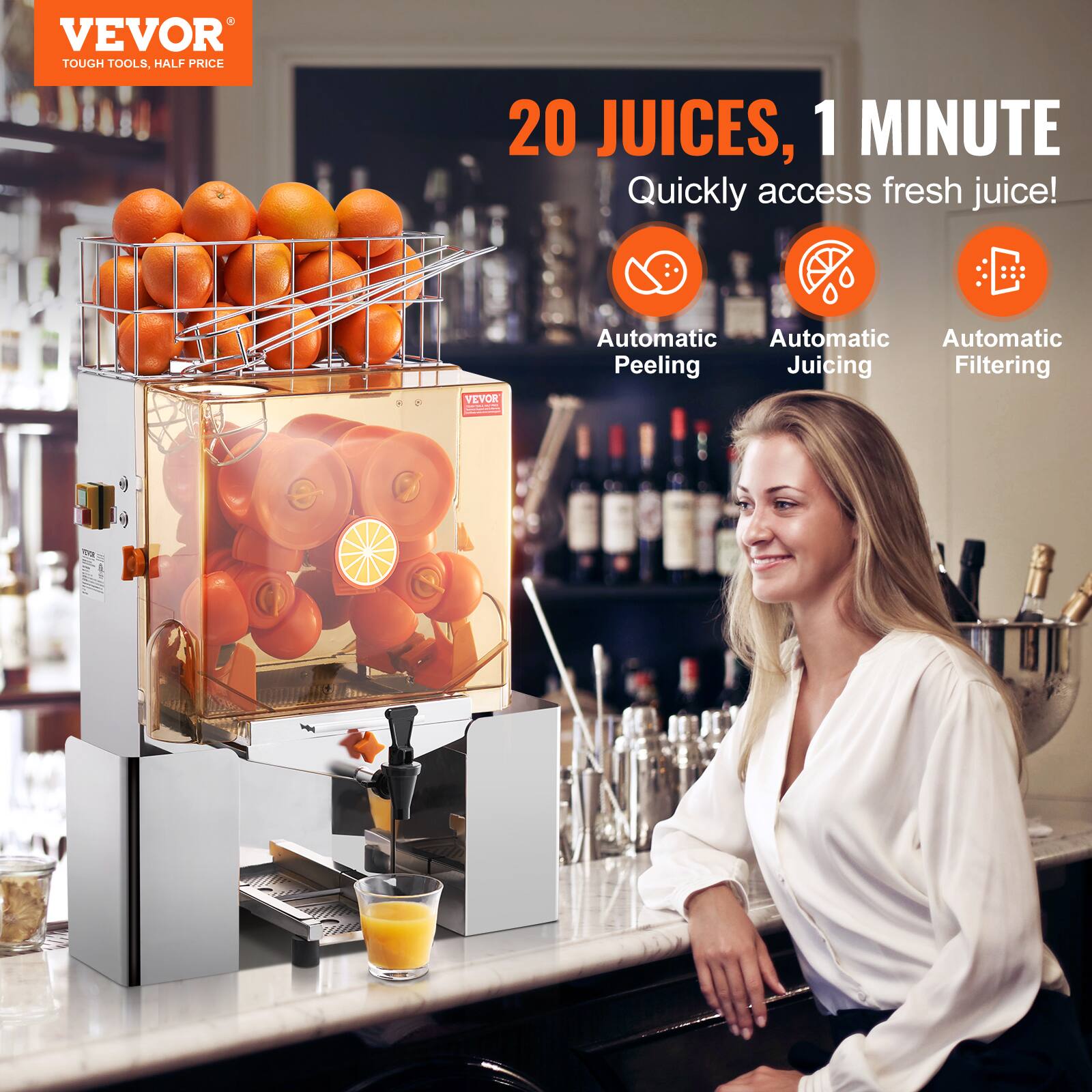 VEVOR  
TOUGH TOOLS, HALF PRICE  

20 JUICES, 1 MINUTE  
Quickly access fresh juice!  

Automatic Peeling  
Automatic Juicing  
Automatic Filtering