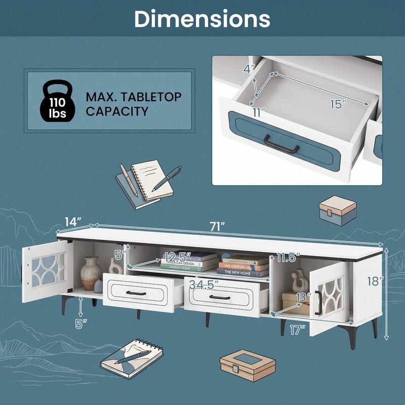 Dimensions

- MAX. TABLETOP CAPACITY: 110 lbs
- 4"
- 11"
- 15"
- 14"
- 71"
- 5"
- 5"
- 12.5"
- 34.5"
- 11.5"
- 18"
- 13"
- 17"