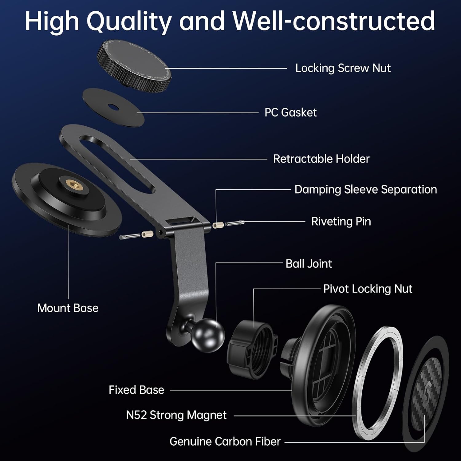 High Quality and Well-constructed

- Locking Screw Nut
- PC Gasket
- Retractable Holder
- Damping Sleeve Separation
- Riveting Pin
- Ball Joint
- Mount Base
- Pivot Locking Nut
- Fixed Base
- N52 Strong Magnet
- Genuine Carbon Fiber