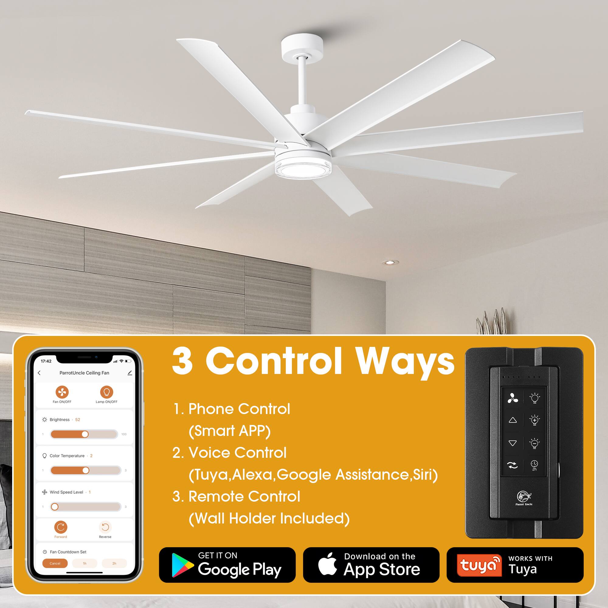 1742 PRTORANOM Ceiling Fan  
Brightness 14  
Color Temperature  
Wind Speed Level  

3 Control Ways  
1. Phone Control (Smart APP)  
2. Voice Control (Tuya, Alexa, Google Assistance, Siri)  
3. Remote Control (Wall Holder Included)  

GET IT ON Google Play  
Download on the App Store  
WORKS WITH Tuya