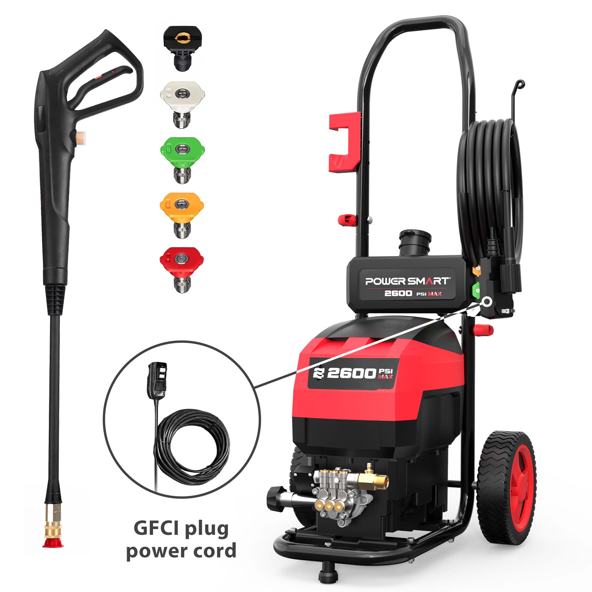 POWERSMART - 2600PSI Max at 1.4 GPM AC120V 13 Amps Portable Power Electric Pressure Washer Home Clean - Red