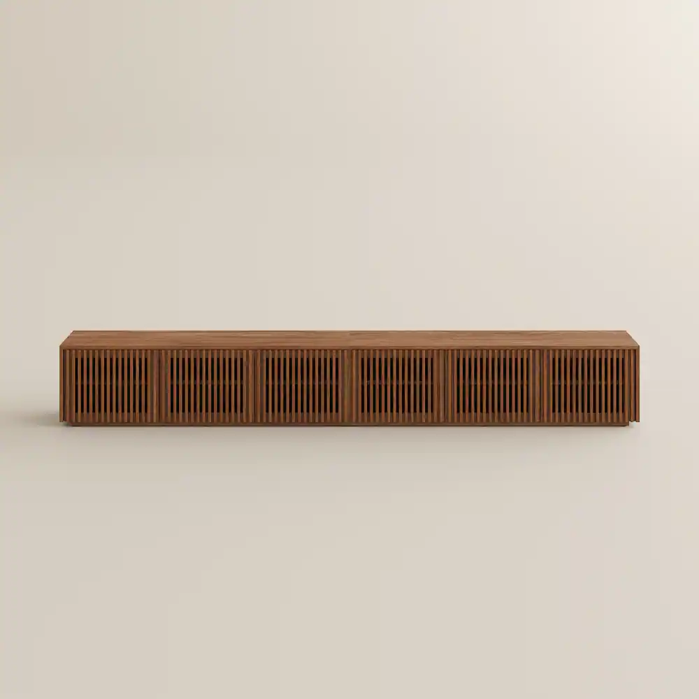 Alt View 7. POVISON - 118" Mid-Century Modern Wood Slatted TV Stand with LED lightsMinimalist Entertainment Center, Perfect for 100-inch TVs​ - Walnut Color.