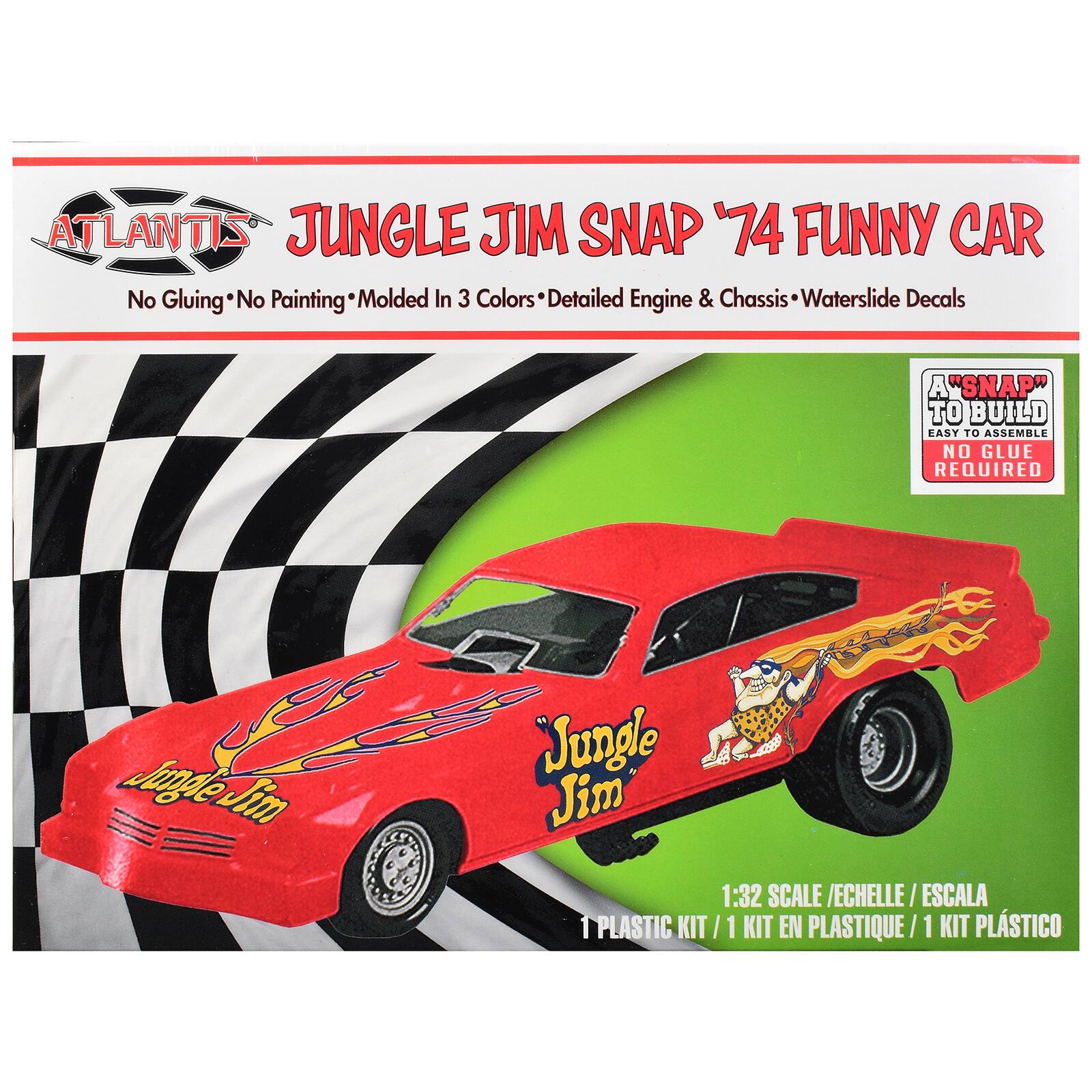 ATLANTIS JUNGLE JIM SNAP '74 FUNNY CAR  
No Gluing • No Painting • Molded In 3 Colors • Detailed Engine & Chassis • Waterslide Decals  

A "SNAP" TO BUILD  
EASY TO ASSEMBLE  
NO GLUE REQUIRED  

Jungle Jim  
1:32 SCALE / ECHELLE / ESCALA  
1 PLASTIC KIT / 1 KIT EN PLASTIQUE / 1 KIT PLÁSTICO