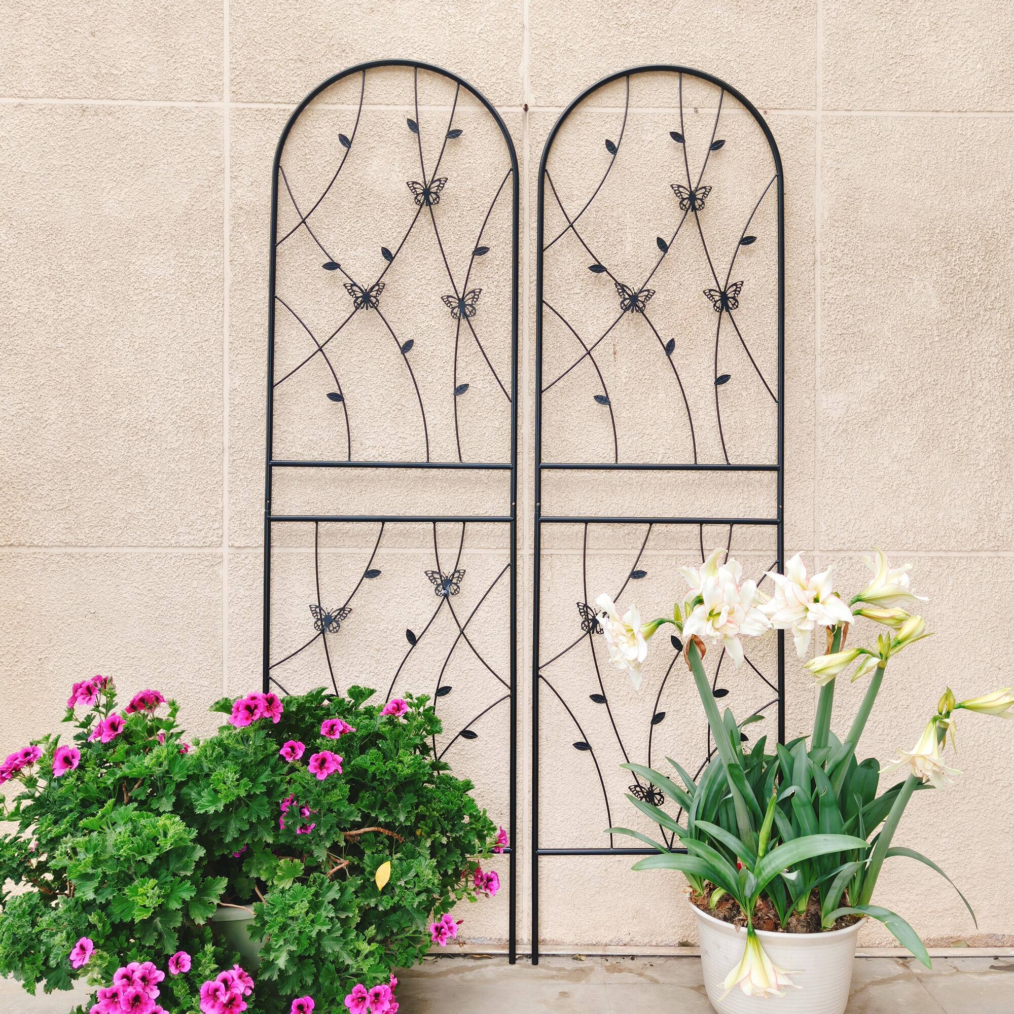 Left. Loheer - 4 Pack Rustproof Metal Garden Trellis 5.9 ft x 1.64 ft for Climbing Plants Butterfly Decor.