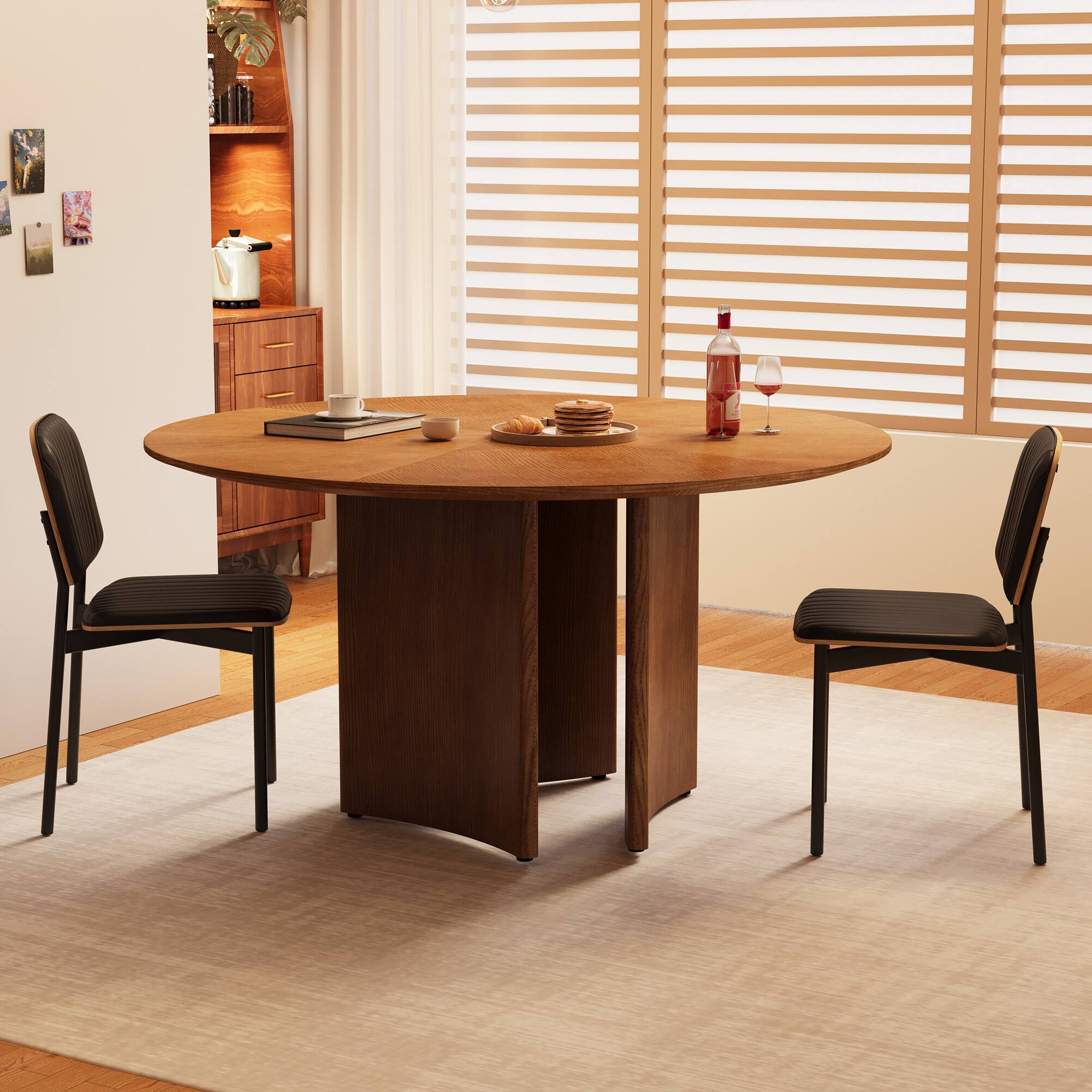 Back. luck idea - Modern 59" Round Dining Table, Wood Veneer Starburst Top, Contemporary Pedestal Base Dining Room Table - Walnut color.