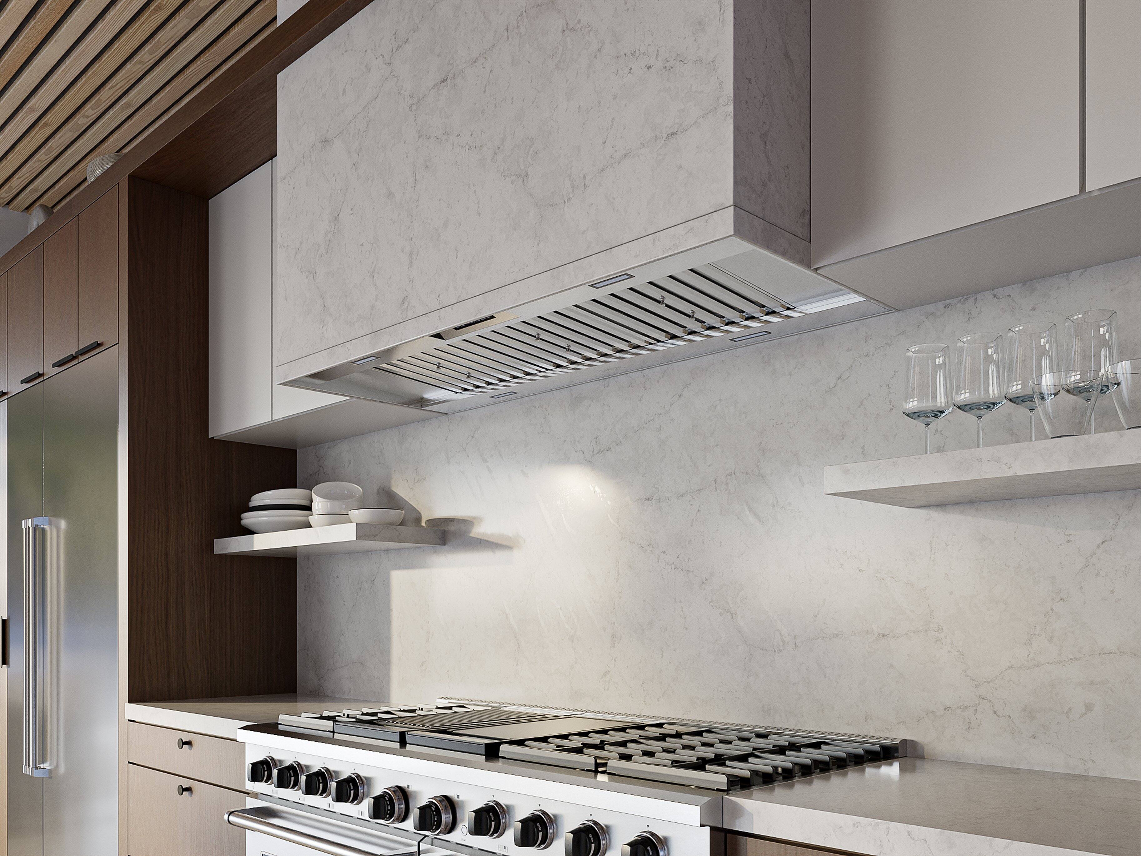 Left. Thor Kitchen - 48 Inch 1200 CFM Liner Range Hood - Stainless steel.