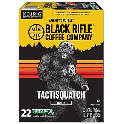 Sure, here is the corrected and grouped text:

---

**KEURIG**  
GENUINE K-CUP PODS

**AMERICA'S COFFEE**

**BLACK RIFLE COFFEE COMPANY**

**TACTISQUATCH**  
DARK

**22 K-CUP PODS**  
NET WT 8.5 OZ (242g)

**RECYCLABLE**  
RECYCLE THIS BOX

**22 - 0.39 OZ (11g)/EA**  
[11 g/EA]

**CROSS TACTISQUATCH**

**A PORTION OF EACH BLACK RIFLE COFFEE COMPANY PURCHASE GOES TO**  
[LOGO]

---

This text is organized to reflect the information on the packaging accurately.