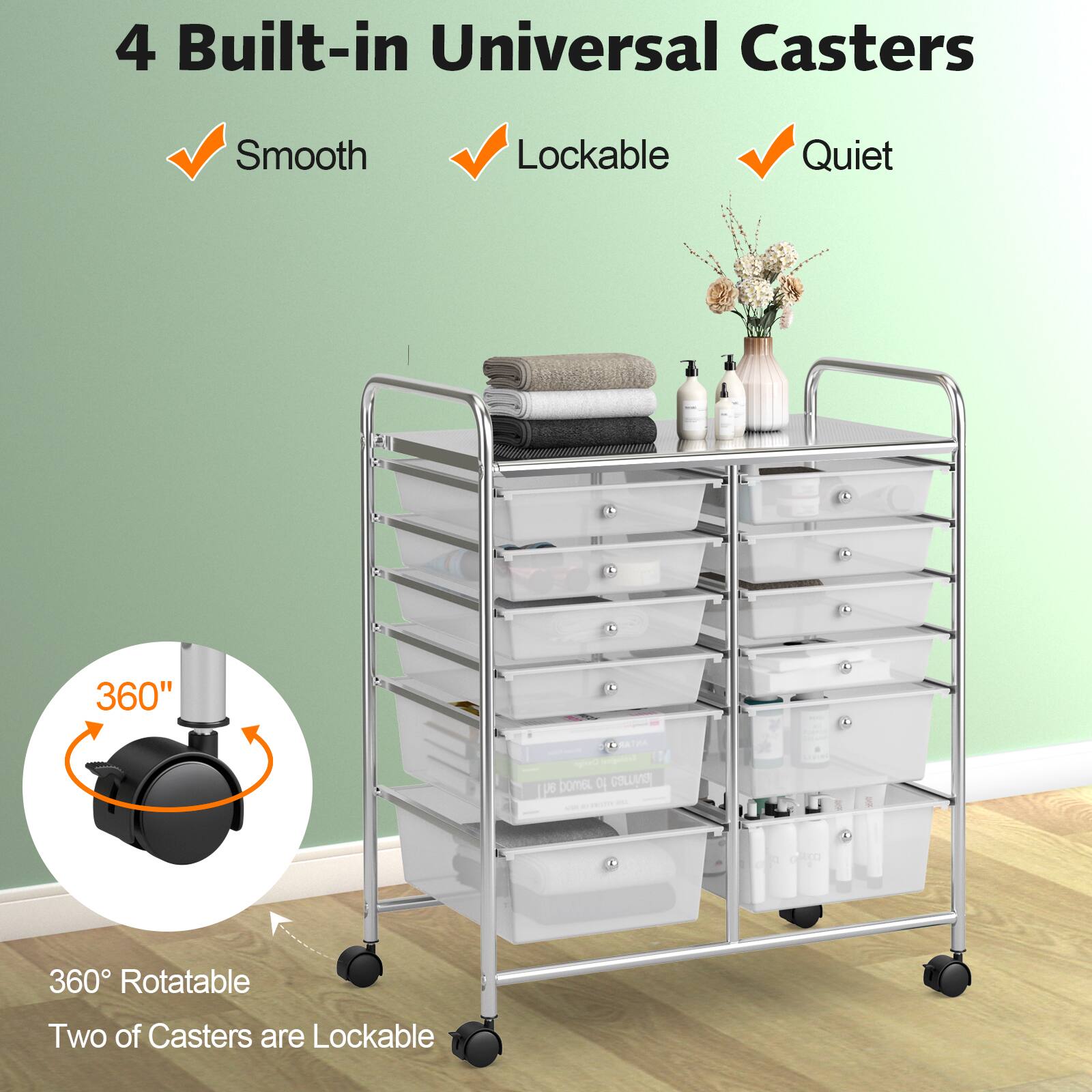 4 Built-in Universal Casters Smooth Lockable Quiet 360° Rotatable Two of Casters are Lockable