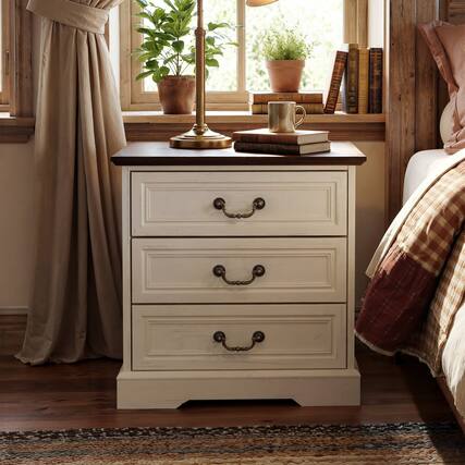 Front. Famapy - Farmhouse 3-Drawer Nightstand with AC & USB Charging Station, Rustic Wooden Bedside Table Storage Cabinet for Bedroom - White & Wooden.