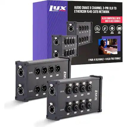 LYX AUDIO SNAKE 8 CHANNEL 3-PIN XLR TO PRO ETHERCON RJ45 CAT6 NETWORK
ALSO COMPATIBLE WITH DMX & AES SIGNALS
1 PAIR: 8 XLR MALE + 8 XLR/TRS FEMALE