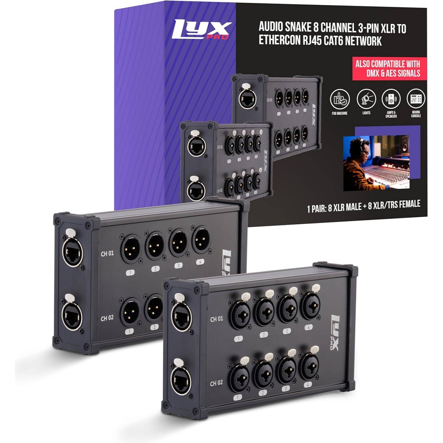 LYX AUDIO SNAKE 8 CHANNEL 3-PIN XLR TO PRO ETHERCON RJ45 CAT6 NETWORK  
ALSO COMPATIBLE WITH DMX & AES SIGNALS  

1 PAIR: 8 XLR MALE + 8 XLR/TRS FEMALE