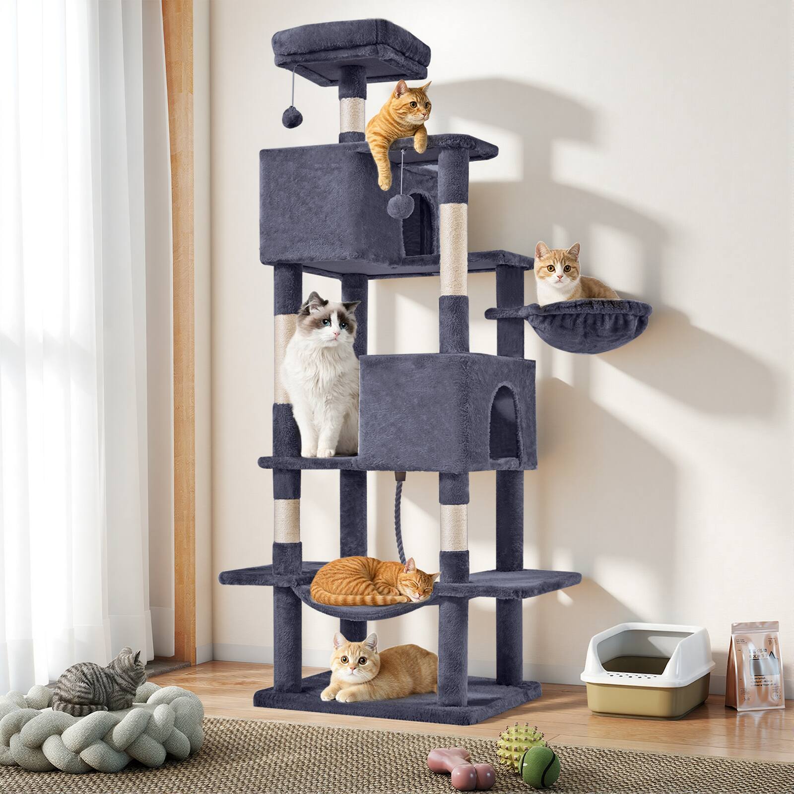 Front. AENKYO - 66" Cat Tree Tower Pet House Large Multi-Cat Climbing Extended Platform with Hammock - Dark Gray.