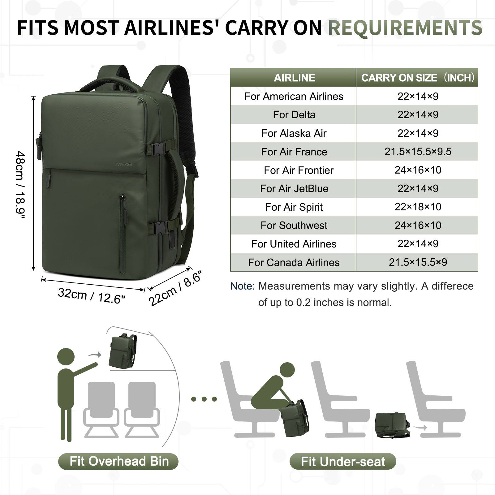 FITS MOST AIRLINES' CARRY ON REQUIREMENTS

AIRLINE | CARRY ON SIZE (INCH)
--- | ---
For American Airlines | 22x14x9
For Delta | 22x14x9
For Alaska Air | 22x14x9
For Air France | 21.5x15.5x9.5
For Air Frontier | 24x16x10
For Air JetBlue | 22x14x9
For Air Spirit | 22x18x10
For Southwest | 24x16x10
For United Airlines | 22x14x9
For Canada Airlines | 21.5x15.5x9

Note: Measurements may vary slightly. A difference of up to 0.2 inches is normal.

Fit Overhead Bin

Fit Under-seat