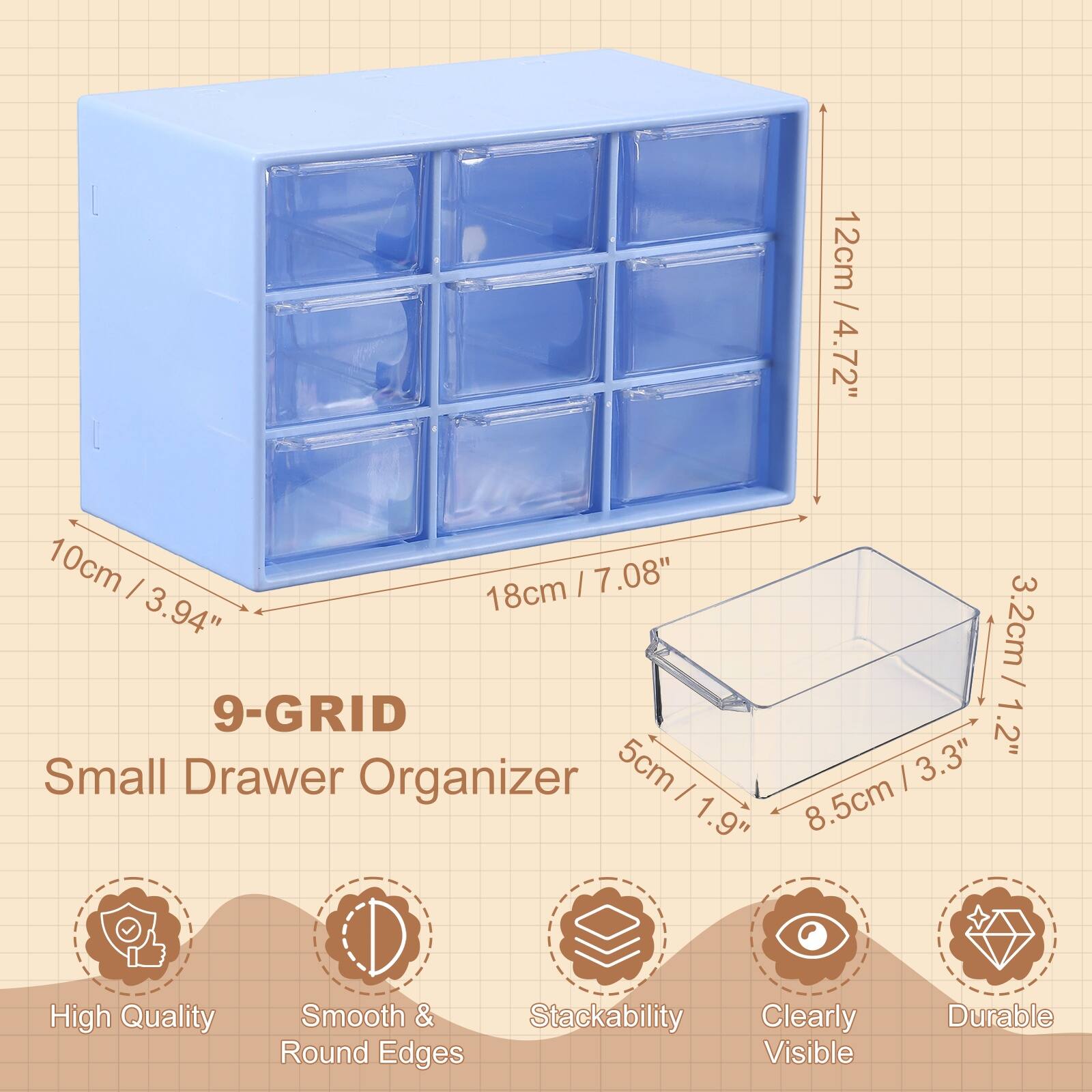 9-GRID Small Drawer Organizer

- 10cm / 3.94"
- 18cm / 7.08"
- 12cm / 4.72"
- 5cm / 1.9"
- 8.5cm / 3.3"
- 3.2cm / 1.2"

Features:
- High Quality
- Smooth & Round Edges
- Stackability
- Clearly Visible
- Durable