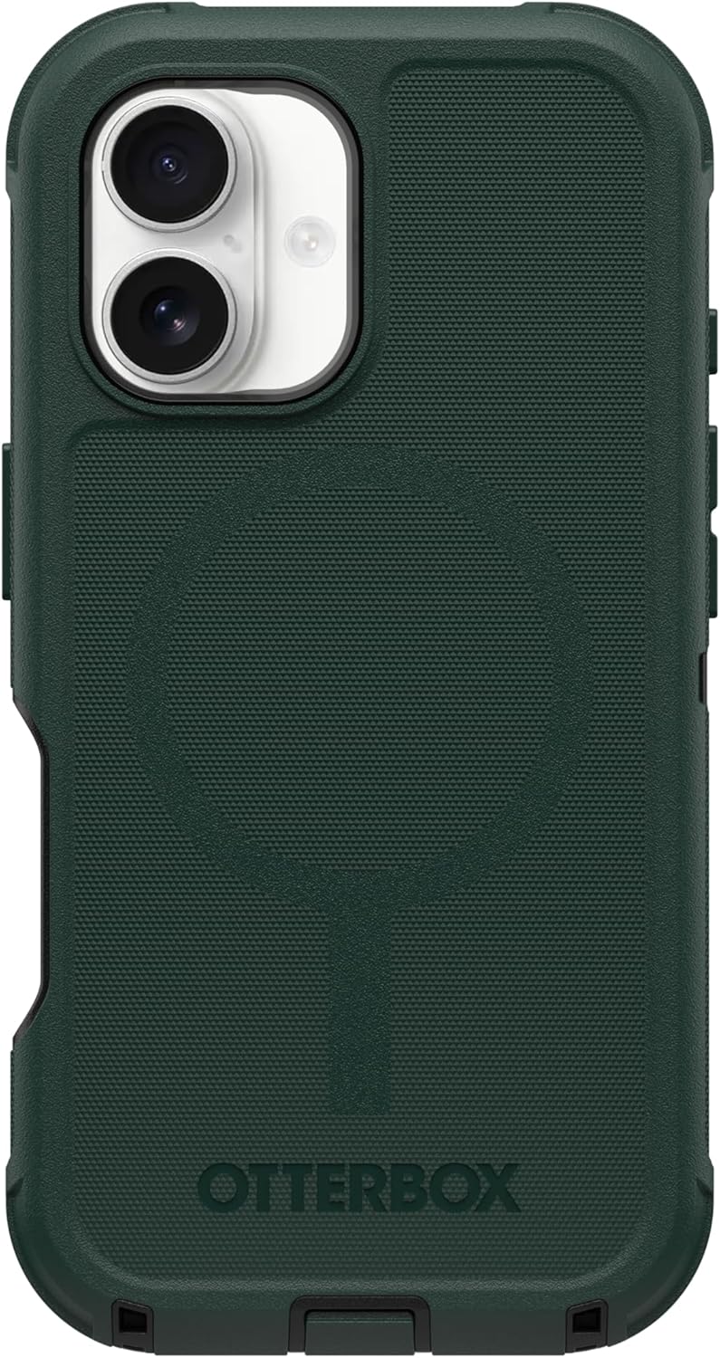 Left. OtterBox - OtterBox - Defender Series Pro Hard Shell for MagSafe for Apple iPhone 16 - Cinder Cashew (Green & Black).