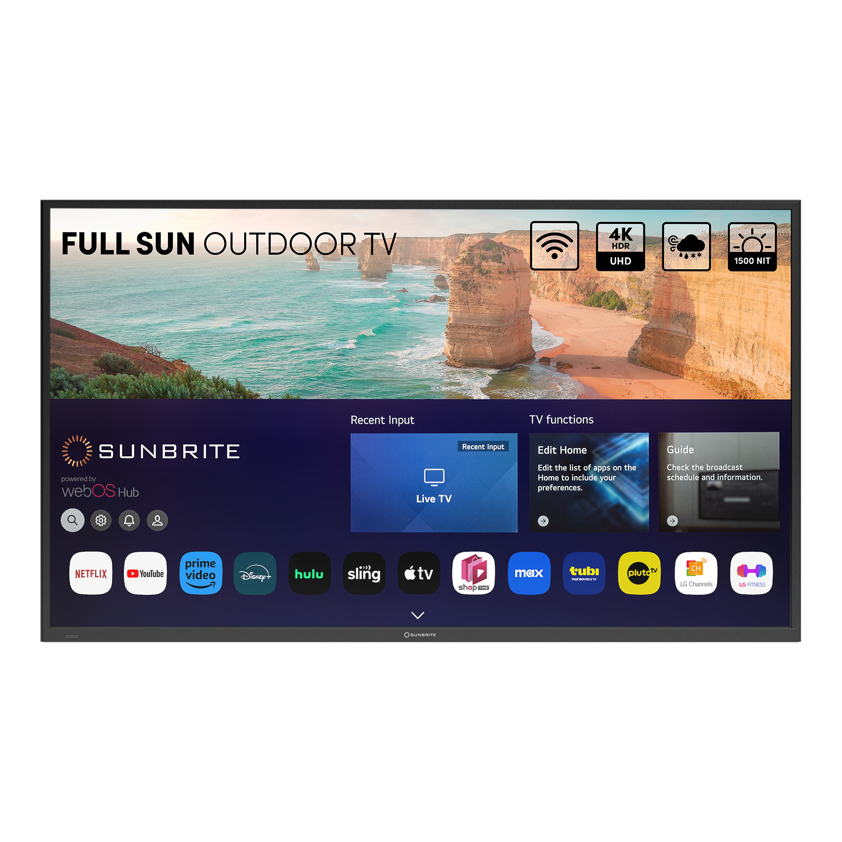 Full Sun Outdoor TV 4K HD UHD 1500 NIT Recent Input TV functions SUNBRITE powered D webOS Hub Recent input Live TV Guide Check the broadcast schedule and information. + Netflix YouTube Prime Video Disney+ Hulu Sling TV Shape + Max Roku + Peacock + Charter Spectrum + Comcast + Cox + Dish + DirectTV + AT&T U-verse + Verizon Fios + Optimum + Cablevision + Suddenlink + Mediacom + Time Warner Cable + Bright House Networks + Cable One + WOW!