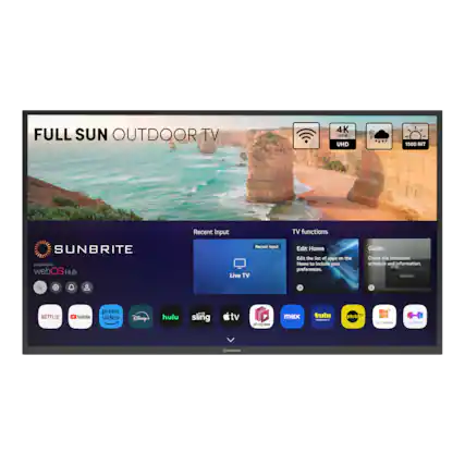 Full Sun Outdoor TV 4K HD UHD 1500 NIT Recent Input TV functions SUNBRITE powered D webOS Hub Recent input Live TV Guide Check the broadcast schedule and information. + Netflix YouTube Prime Video Disney+ Hulu Sling TV Shape + Max Roku + Peacock + Charter Spectrum + Comcast + Cox + Dish + DirectTV + AT&T U-verse + Verizon Fios + Optimum + Cablevision + Suddenlink + Mediacom + Time Warner Cable + Bright House Networks + Cable One + WOW!