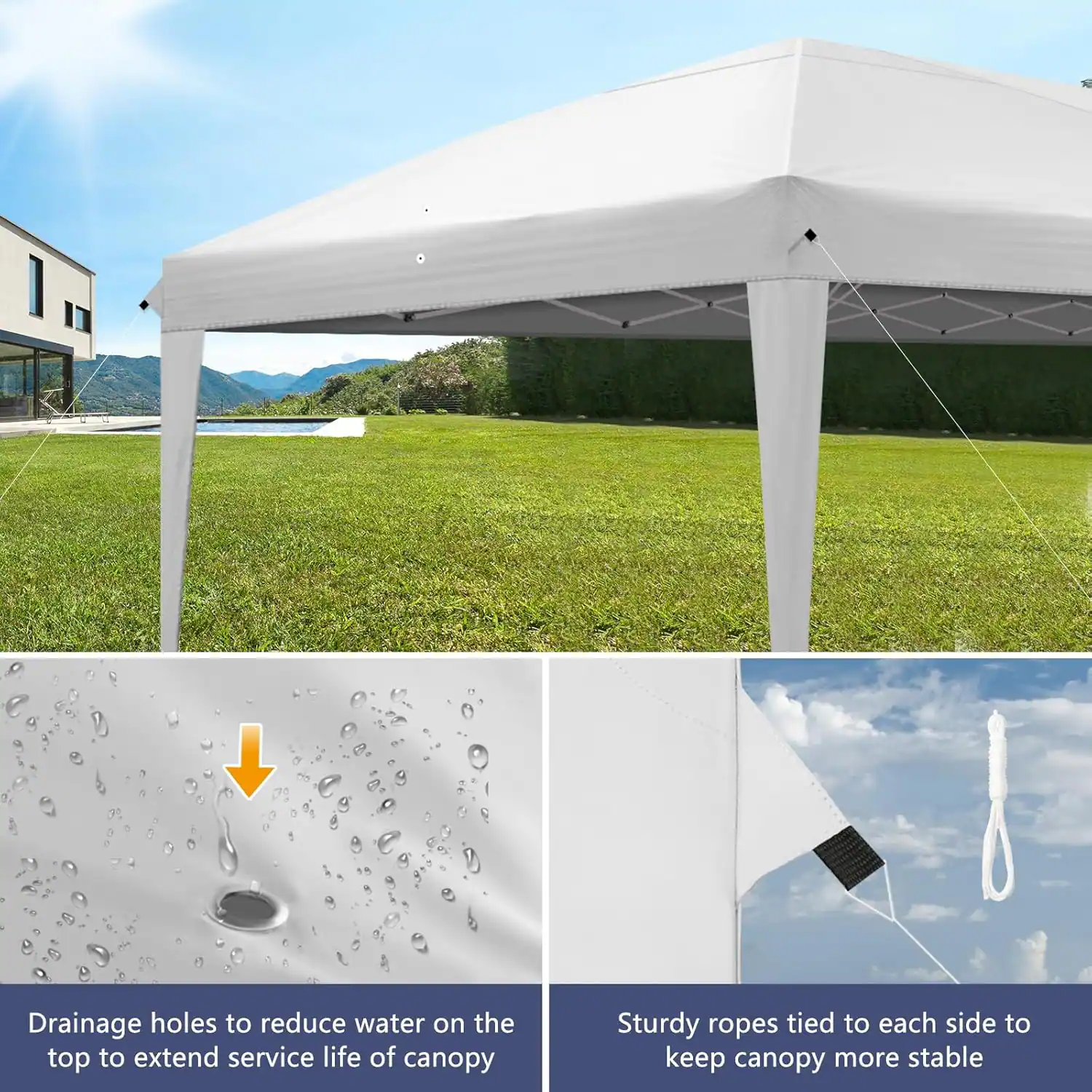 - Drainage holes to reduce water on the top to extend service life of canopy
- Sturdy ropes tied to each side to keep canopy more stable