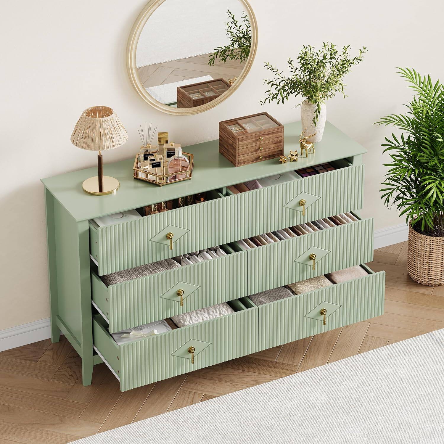 Alt View 2. GARVEE - Fluted Dresser 54" Wide, 6-Drawer Modern Wood Chest for Bedroom, Large Storage Organizer Cabinet for Living Room - Green.