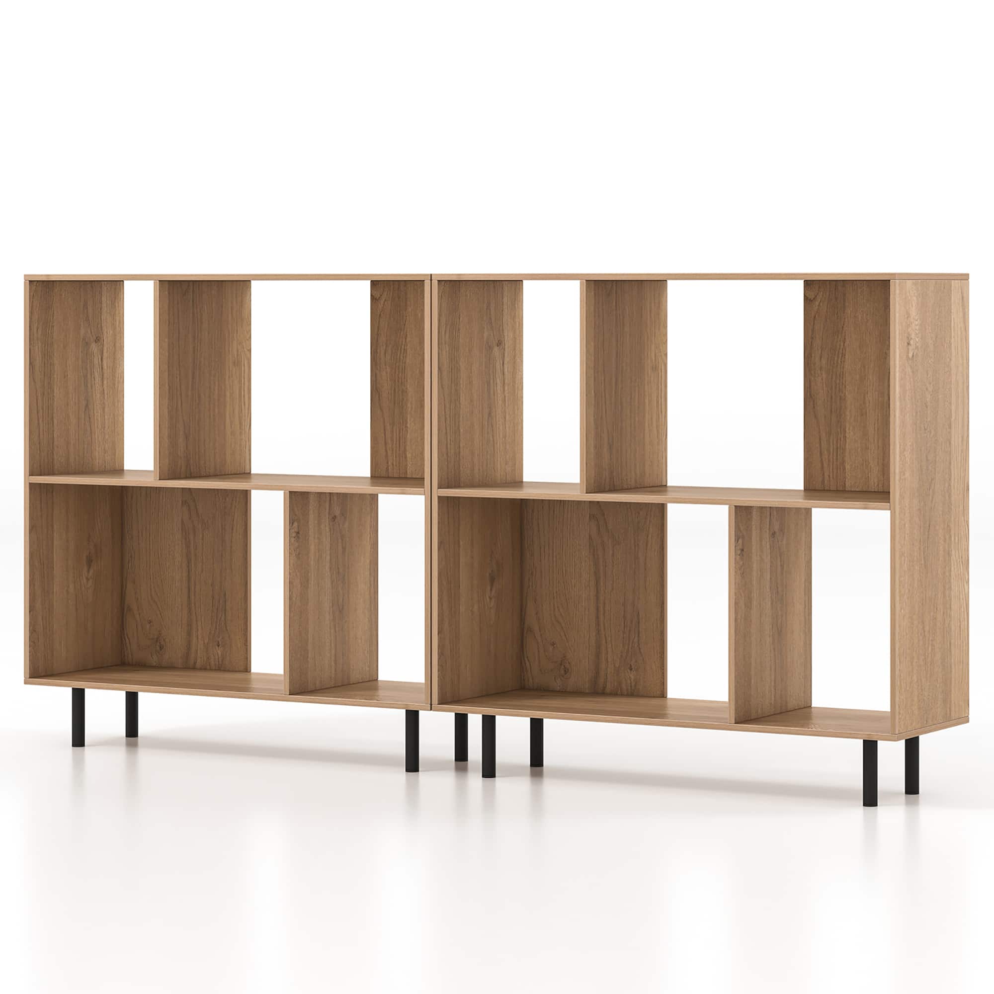 Gymax - 2PCS 4 Cubby Open Bookcase 3-Tier Freestanding Bookshelf w/ Detachable Metal Legs - Natural