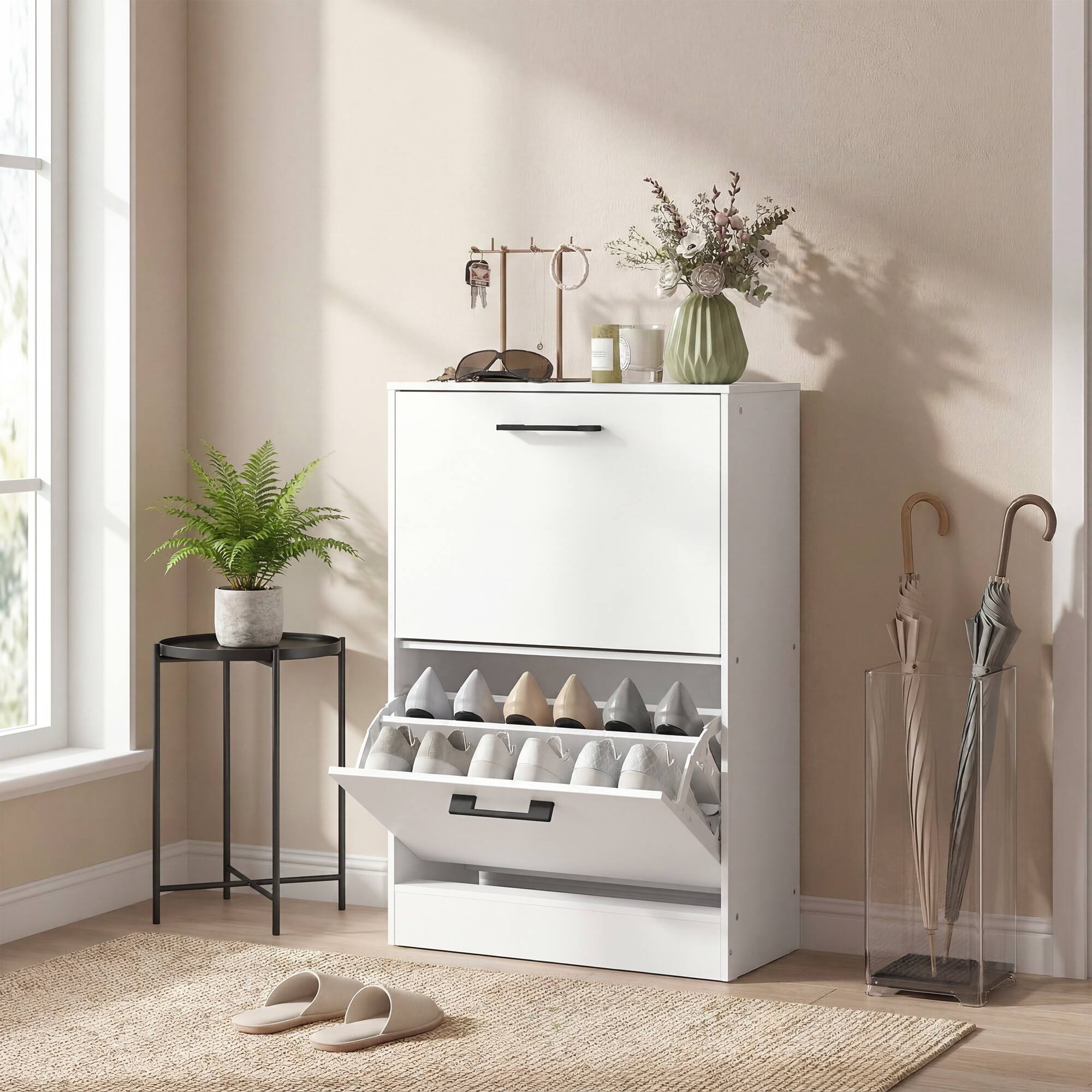 Alt View 8. Homcom - Cabinet 2 Flip Drawers Narrow Shoe Storage Unit Adjustable Dividers Entryway Hallway - White.