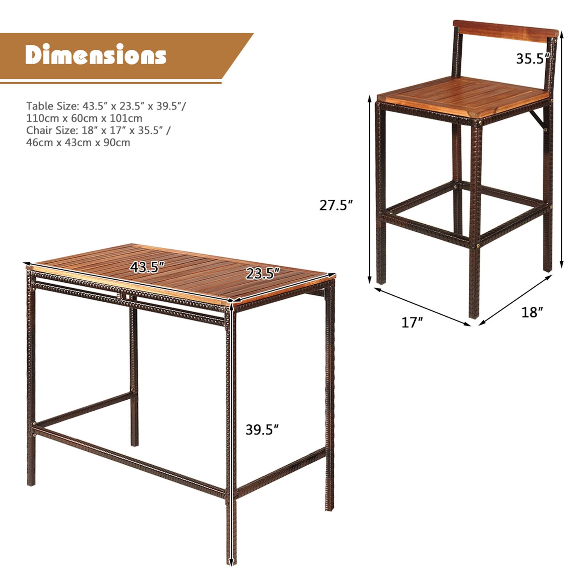 Dimensions

Table Size: 43.5" x 23.5" x 39.5" / 110cm x 60cm x 101cm

Chair Size: 18" x 17" x 35.5" / 46cm x 43cm x 90cm

- Table: 43.5" x 23.5" x 39.5"
- Chair: 18" x 17" x 35.5"