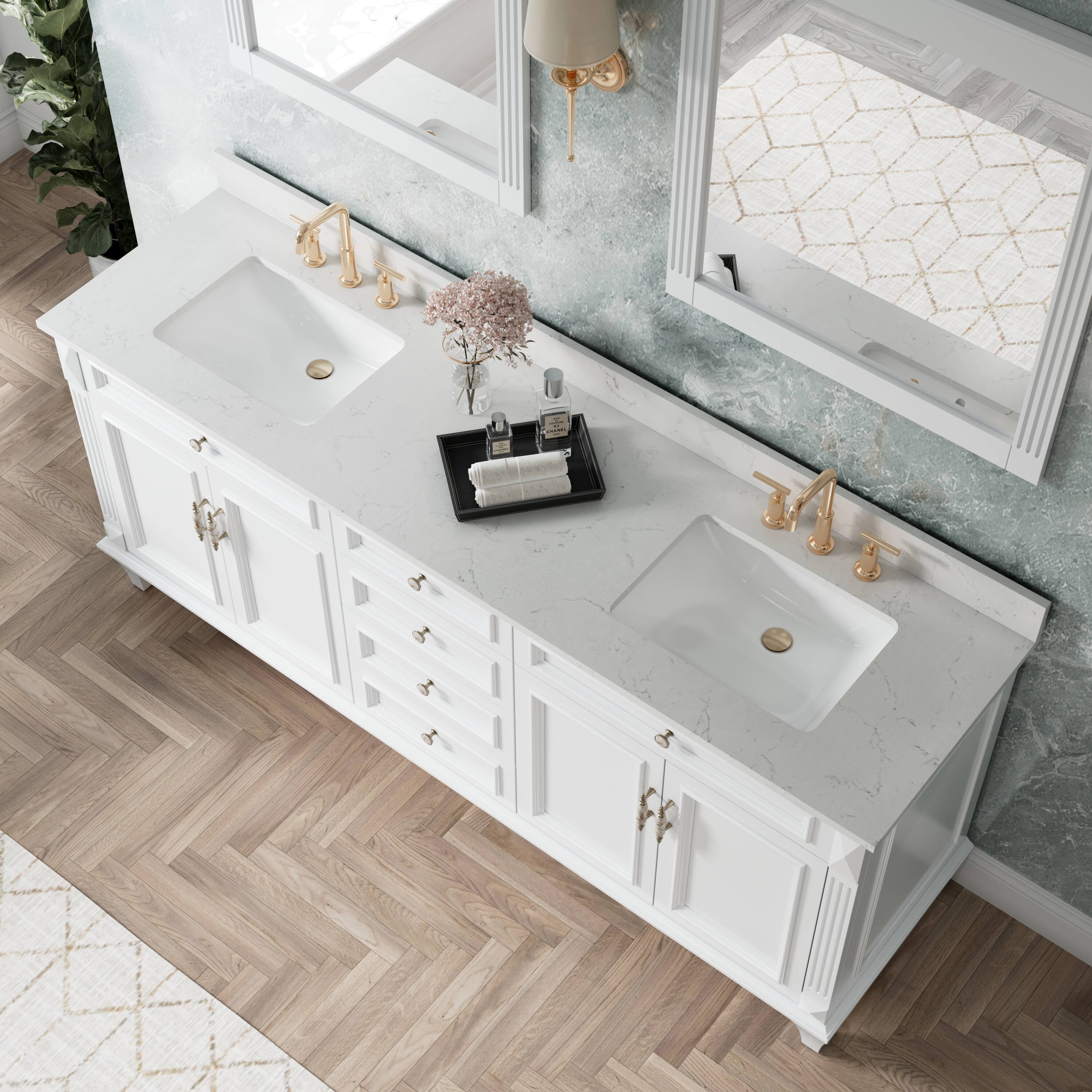 Back. WELLFOR - ARTWOOD 80 in. Solid Wood Bath Vanity with Quartz Top, Double Sink, Soft Close, Assembled - White.
