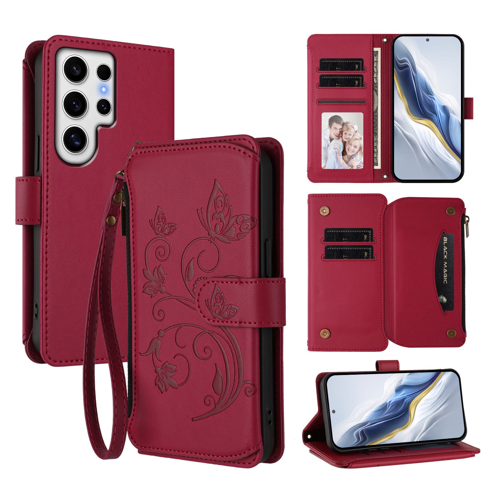 Dteck - Crossbody Wallet Case for Samsung Galaxy S24 Ultra,Embossed Butterfly Flower Folio Cover with Zipper Pocket+Strap - Red price history on PriceWatchPro