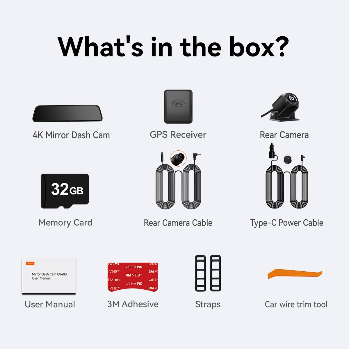 What's in the box?

- 4K Mirror Dash Cam
- GPS Receiver
- Rear Camera
- 32GB Memory Card
- Rear Camera Cable
- Type-C Power Cable
- User Manual
- 3M Adhesive Straps
- Car wire trim tool