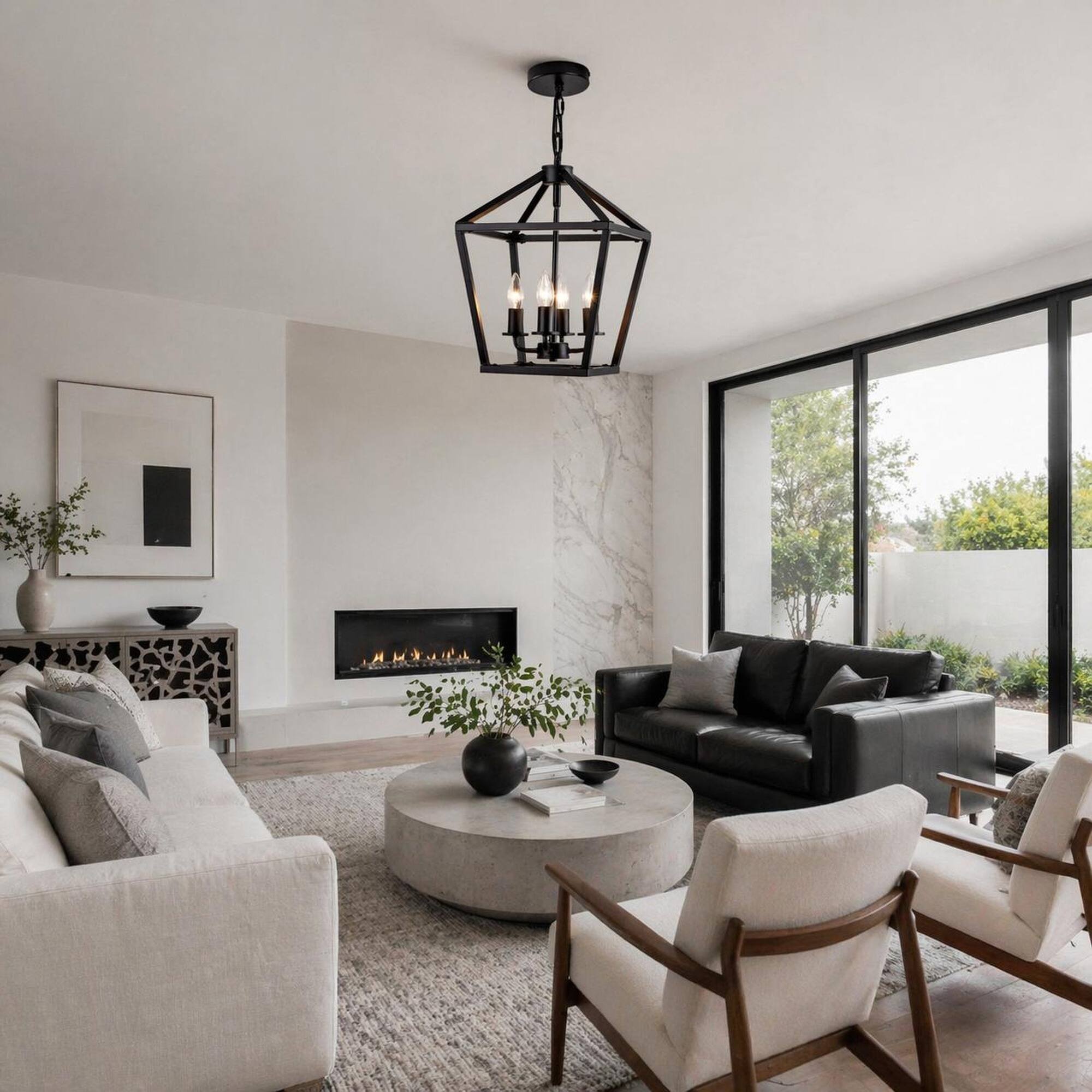 Angle. RYHNUYNE - Rustic 4-Light Farmhouse Lantern Chandelier in Matte Black for Kitchen Island, Dining Room.