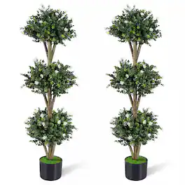 Gymax - 2PCS Artificial Triple Ball Boxwood Topiary Tree w/59 Blossoms for Porch Home Green & Black - White