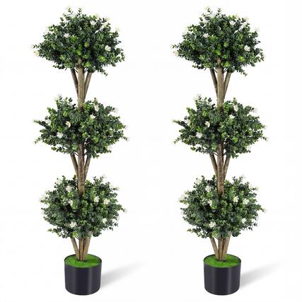 Front. Gymax - Gymax 2PCS Artificial Triple Ball Boxwood Topiary Tree w/59 Blossoms for Porch Home Green & Black & White - White.