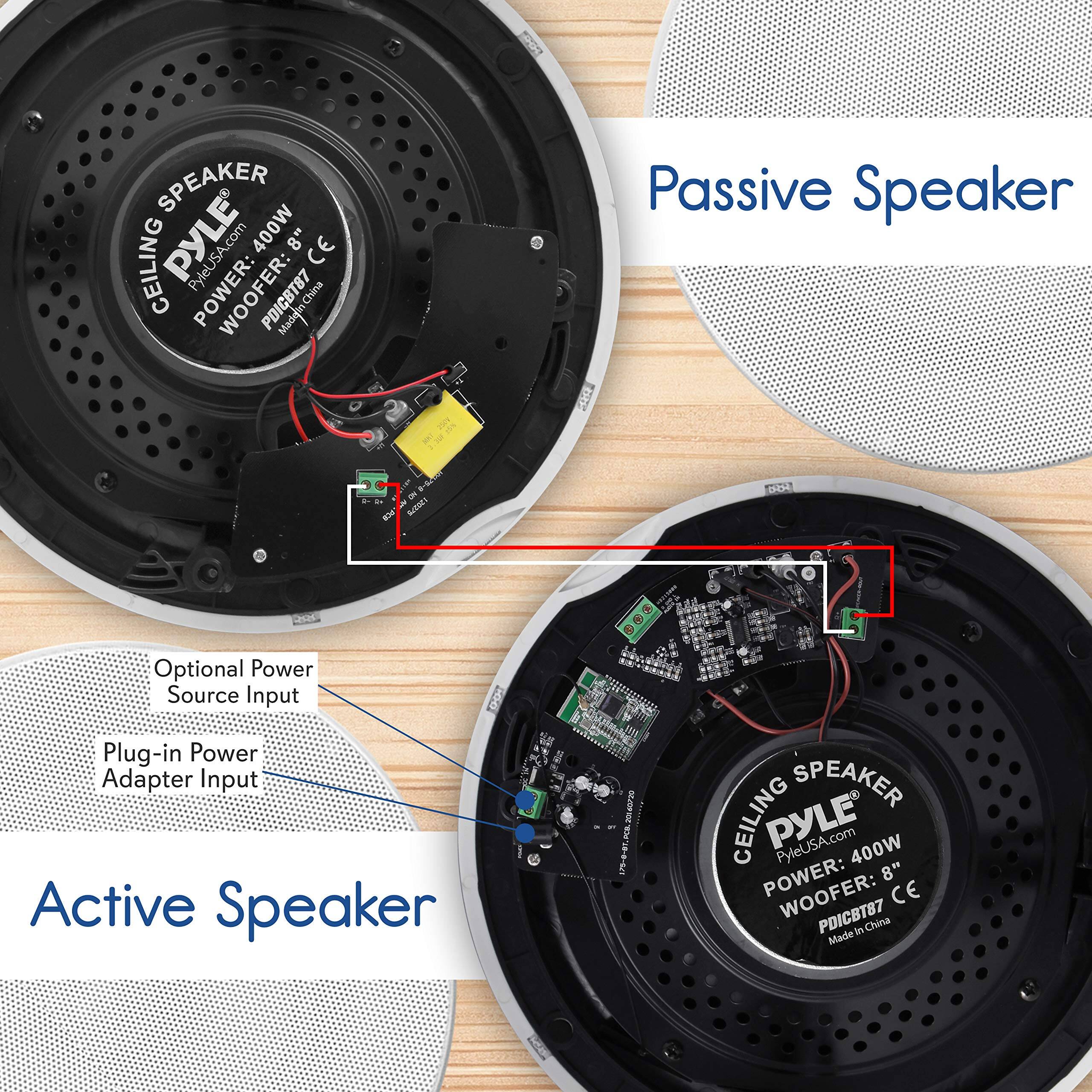 **Passive Speaker**

**Active Speaker**

- Optional Power Source Input
- Plug-in Power Adapter Input

**CEILING SPEAKER**  
**PYLE**  
**PyleUSA.com**  
**POWER: 400W**  
**WOOFER: 8"**  
**PDICBT87**  
**Made in China**  
**CE**