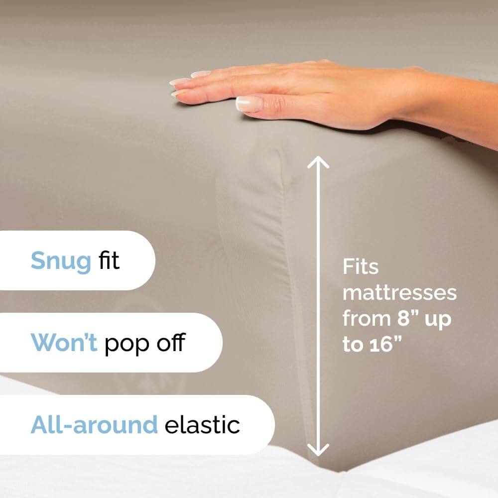 - Snug fit
- Won't pop off
- Fits mattresses from 8" up to 16"
- All-around elastic