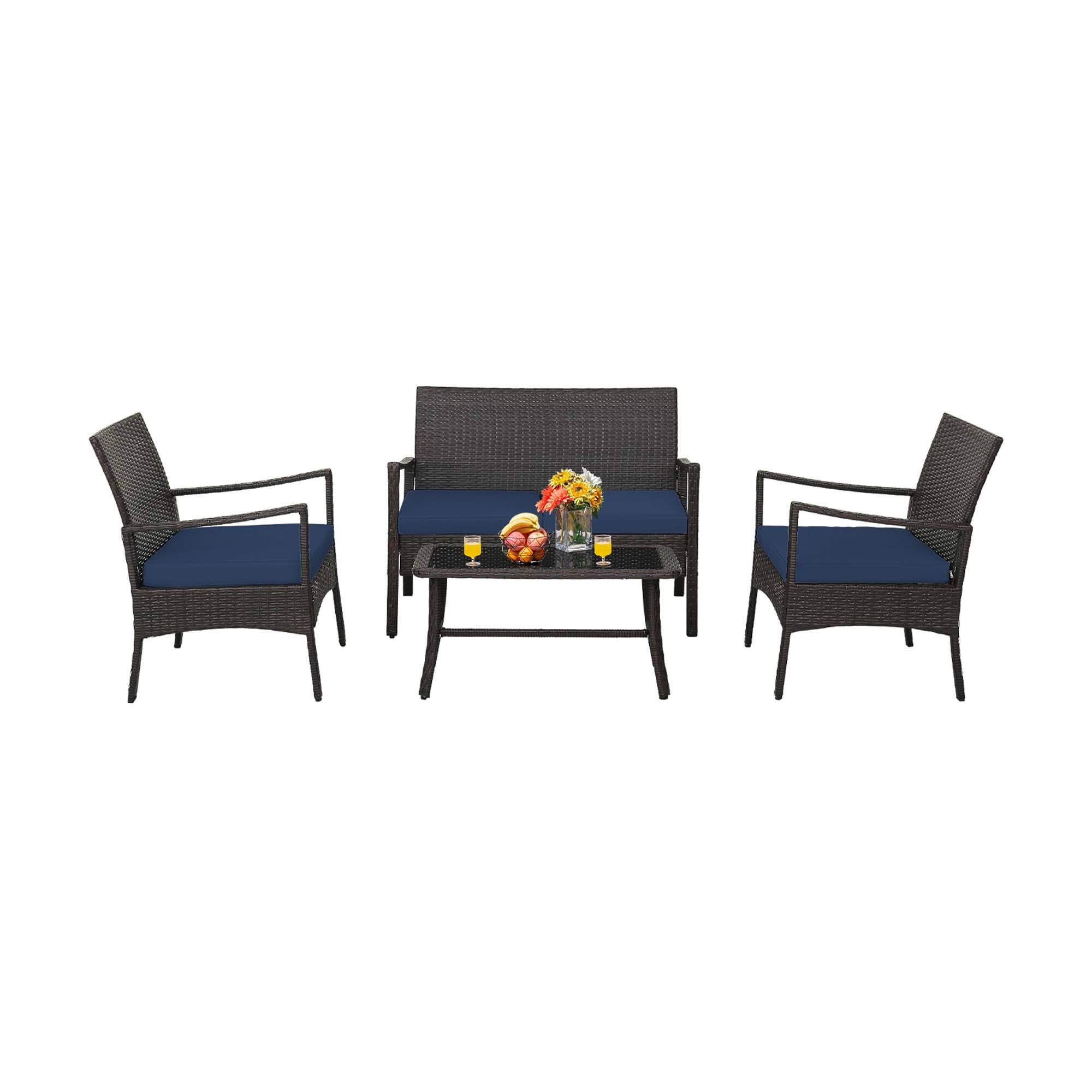 Alt View 8. Costway - Costway 4PCS Patio Rattan Wicker Furniture Set Cushioned Sofa Armrest Coffee Table - Navy Blue.