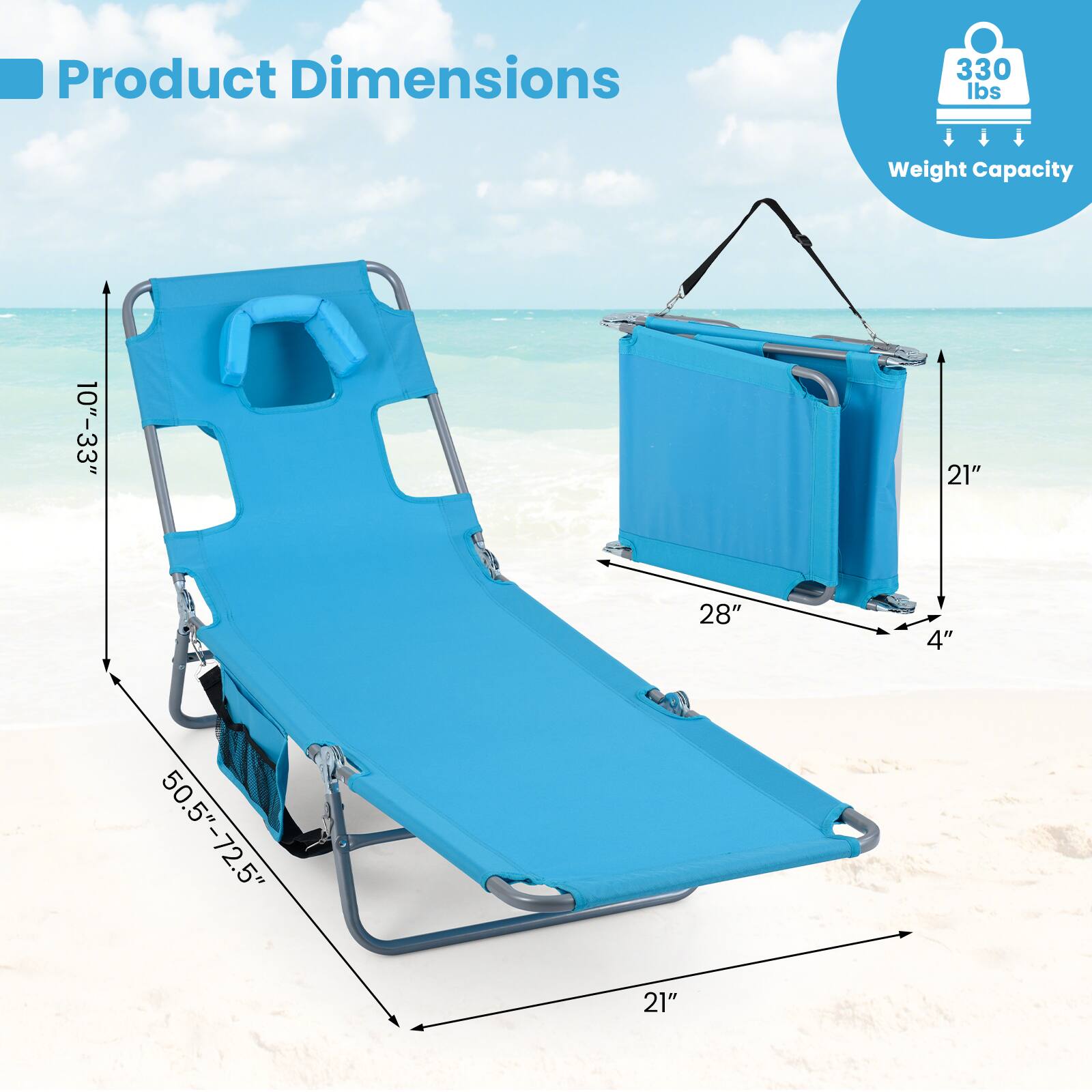Product Dimensions  
330 lbs Weight Capacity  
10"-33"  
21"  
28"  
4"  
50.5"-72.5"  
21"