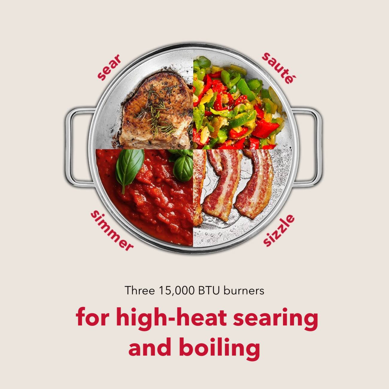 sear  
sauté  
simmer  
sizzle  

Three 15,000 BTU burners for high-heat searing and boiling