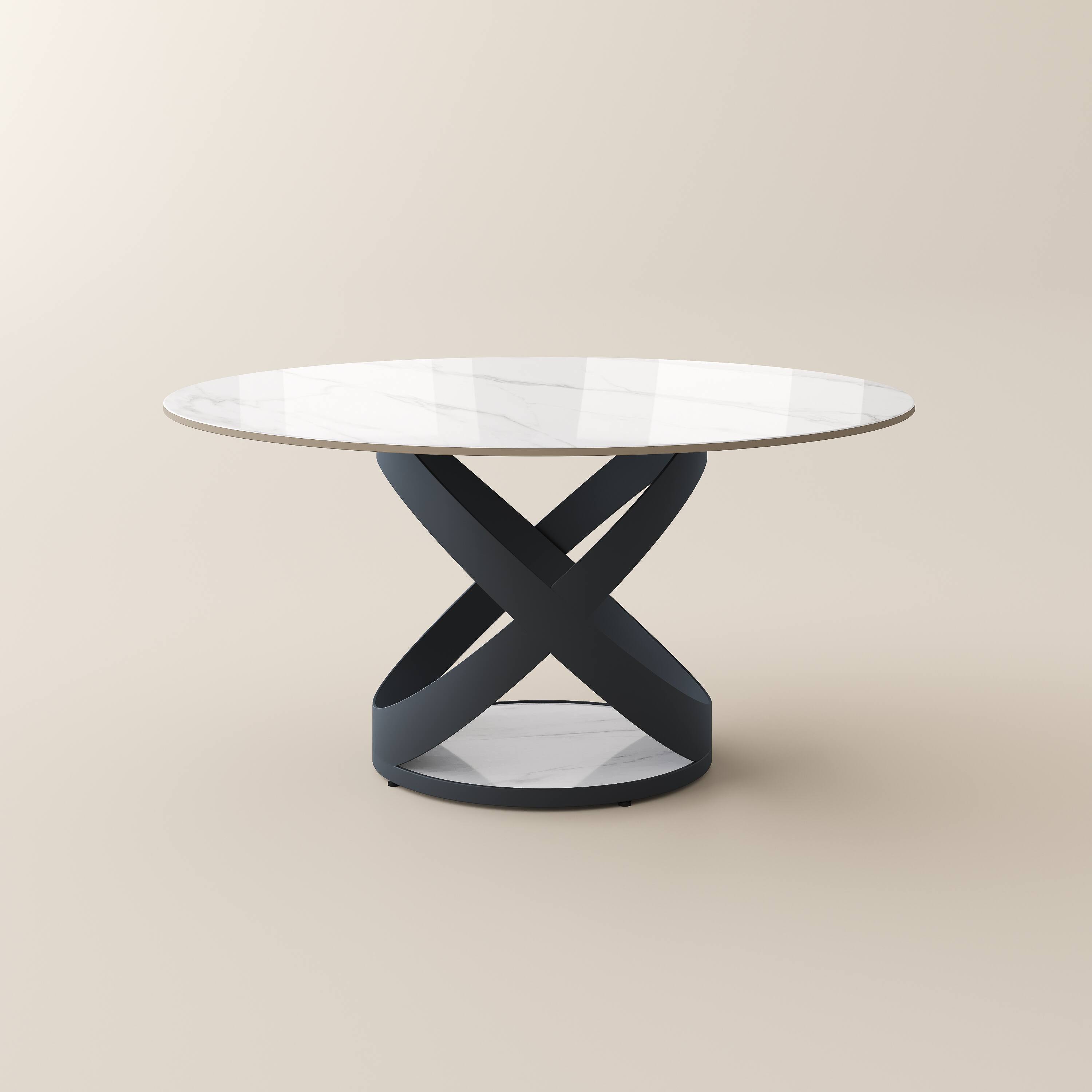 Alt View 10. POVISON - 59" Modern Round White Glossy Dining Table for 6, Sintered Stone Tabletop with Black X Carbon Steel Base - White Glossy Sintered Stone with Black.