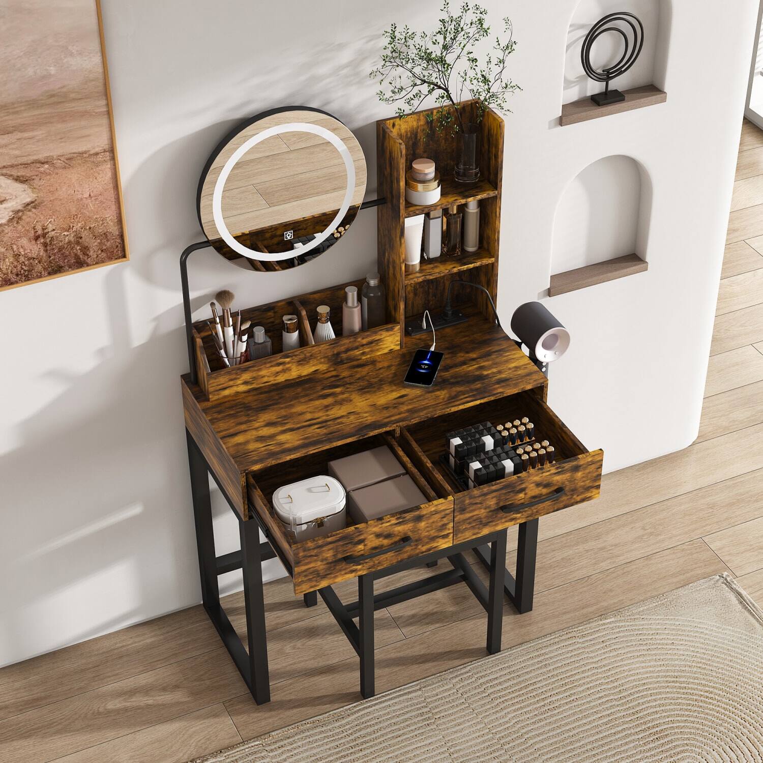 Left. Lirago - Brown LED Makeup Vanity Table with 3 Light Mirror Power Outlet 2 Drawers Stool  Dressing Table Desk for Bedroom - Brown.