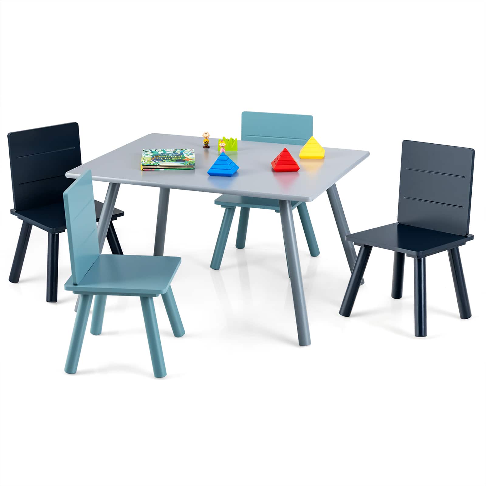 Costway - 5 Piece Kids Wooden Activity Table and 4 Chairs Play Set Gift w/ Building Blocks - Gray,Blue