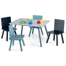 Costway - 5 Piece Kids Wooden Activity Table and 4 Chairs Play Set Gift w/ Building Blocks - Gray,Blue