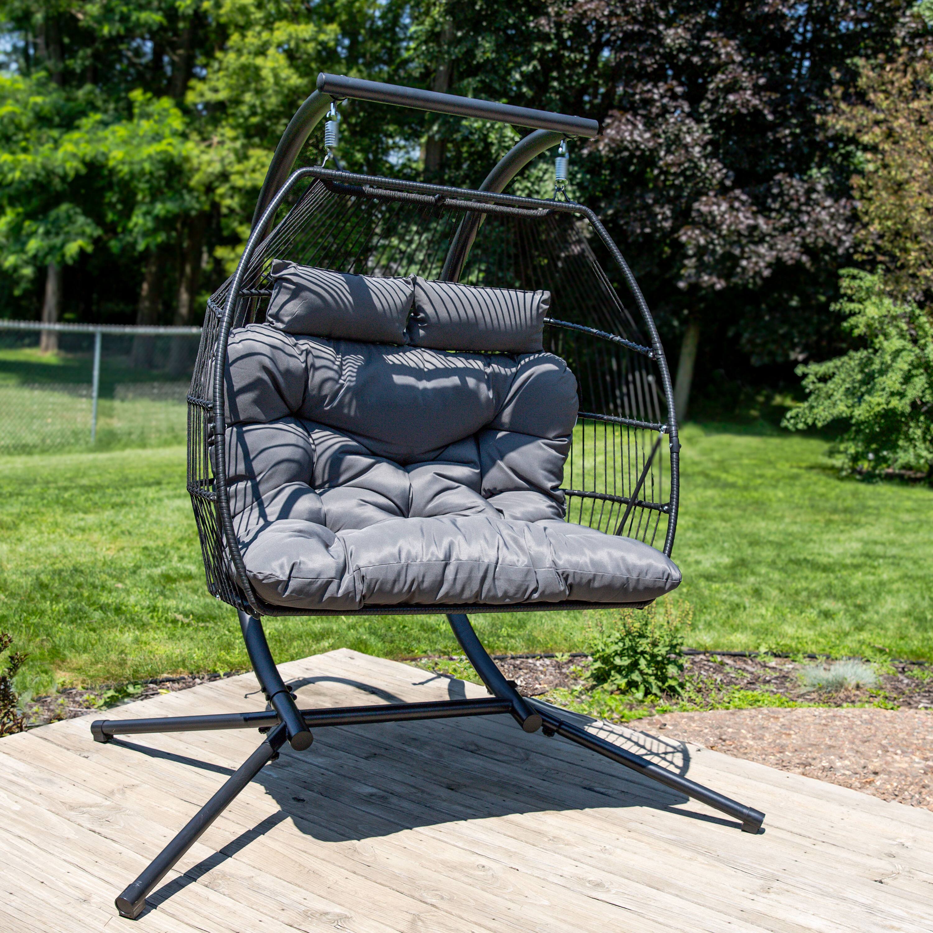 Alt View 1. Sunnydaze - Polyrattan Andrei Double Egg Chair with Stand and Cushion - Dark Gray.