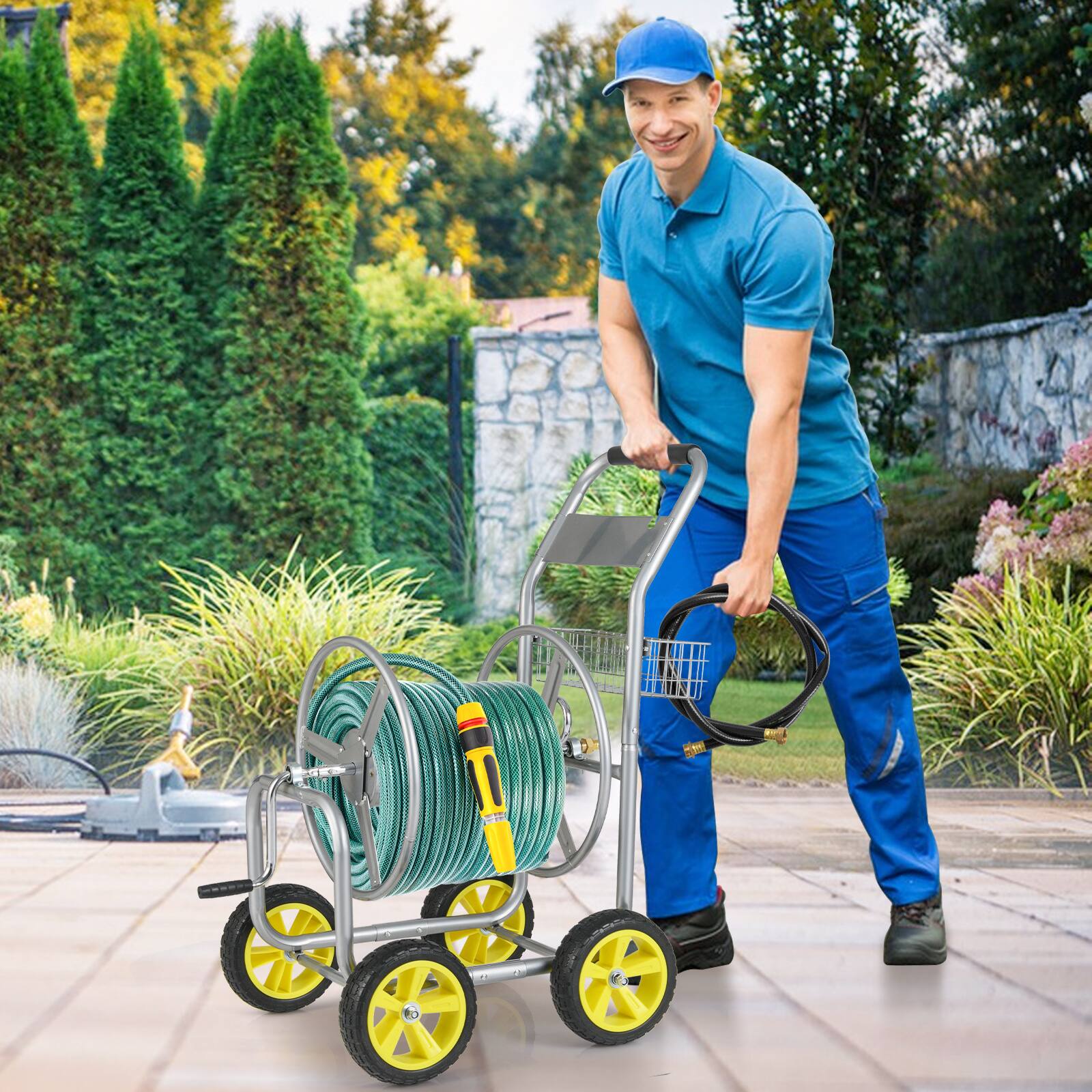 Alt View 3. Gymax - Gymax Garden Hose Reel Cart 300 FT of 5/8'' Large Capacity Heavy-Duty Metal Hose Cart Silver - Sliver.
