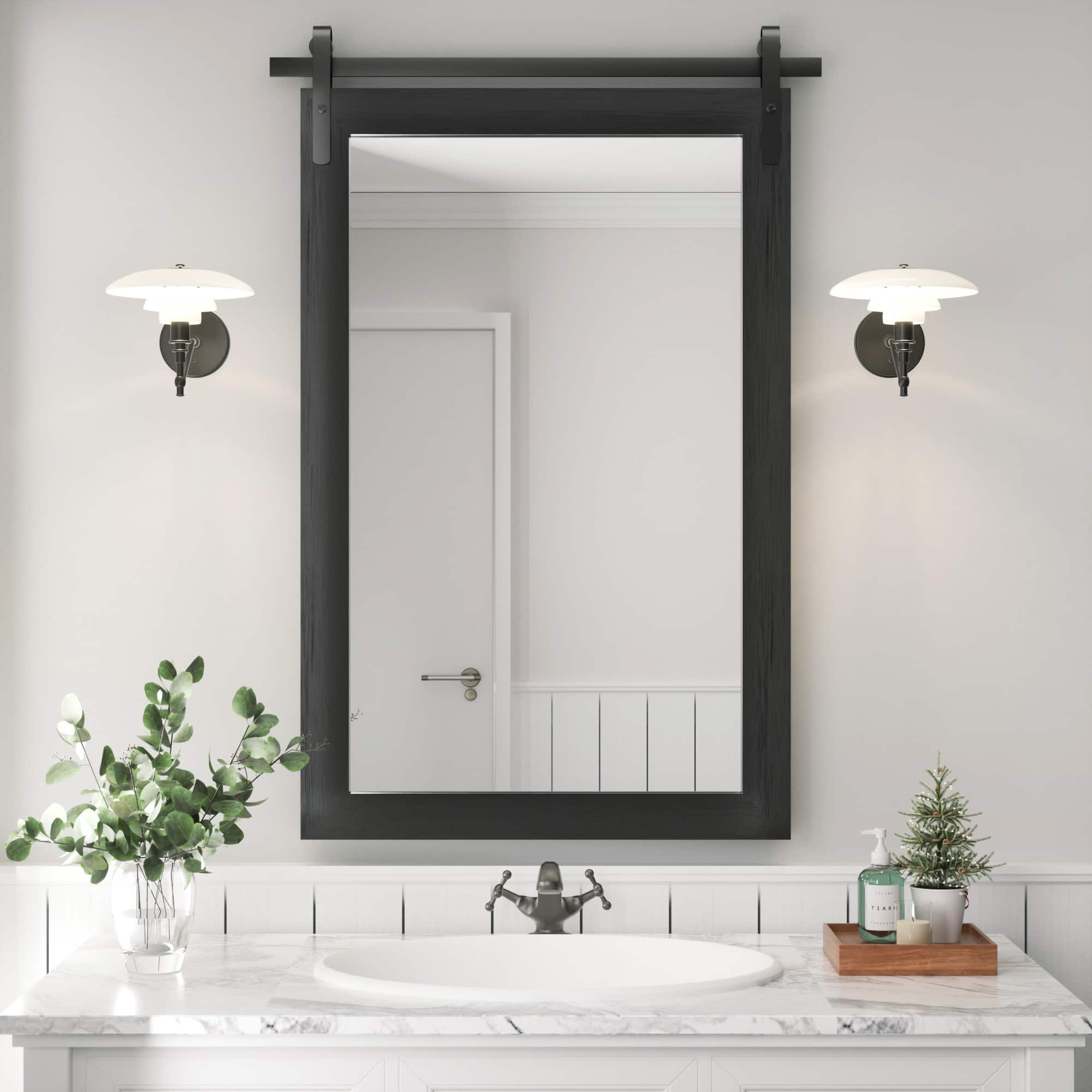 PAIHOME - Wood Wall Mirror Modern Farmhouse Accent Rectangular Bathroom Mirror Vanity Mirror for Bedroom Living Room Decor - Black - 24"x36"