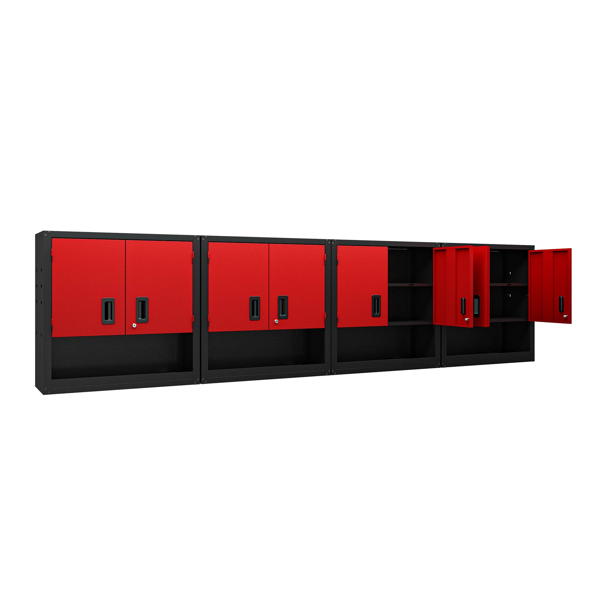 Angle. TinyHomie - Set of 4 Garage Wall Metal Cabinet with Locking 3/4 Doors and Adjustable Shelf, Floating Upper Storage Cabinet in Red - Red+Black.