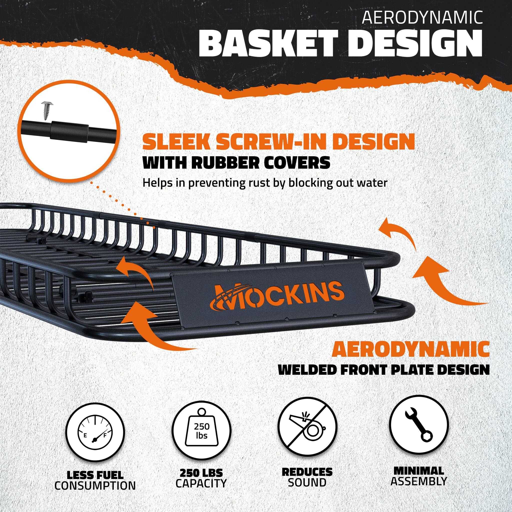 AERODYNAMIC BASKET DESIGN

SLEEK SCREW-IN DESIGN WITH RUBBER COVERS
Helps in preventing rust by blocking out water

AERODYNAMIC WELDED FRONT PLATE DESIGN

LESS FUEL CONSUMPTION
250 LBS CAPACITY
REDUCES SOUND
MINIMAL ASSEMBLY