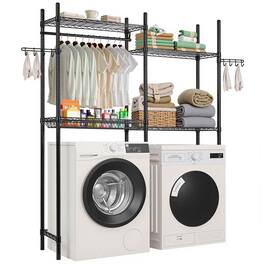 VEVOR - Over Washer and Dryer Storage Shelves,4 Tiers Laundry Room Drying Rack,Hanger Rod and Hooks, Two Rows Adjustable Shelves - Black
